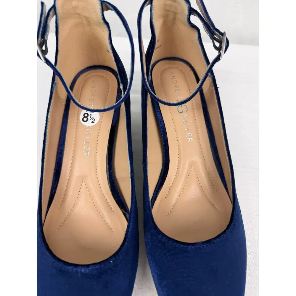 Andrew Geller Navy Velvet Mary Jane Pumps Sparkle Block Heel Size 8.5